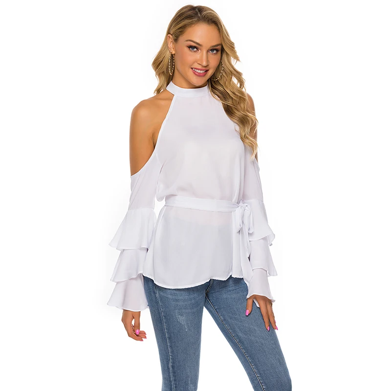 

Off Shoulder Sexy Chiffon T Shirt Women Hollow Long Sleeve T-Shirt Spring Summer Halter Basic Tops 2020 Fashion Flare Sleeve Tee