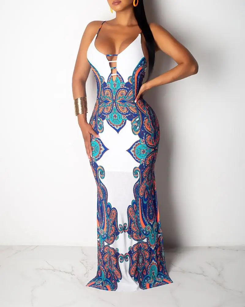 

2020 Women Fashion Elegant Spaghetti Strap Boho Maxi Dress Holiday Sexy V Neck Blue Red Print Cutout Crisscross Back Maxi Dress