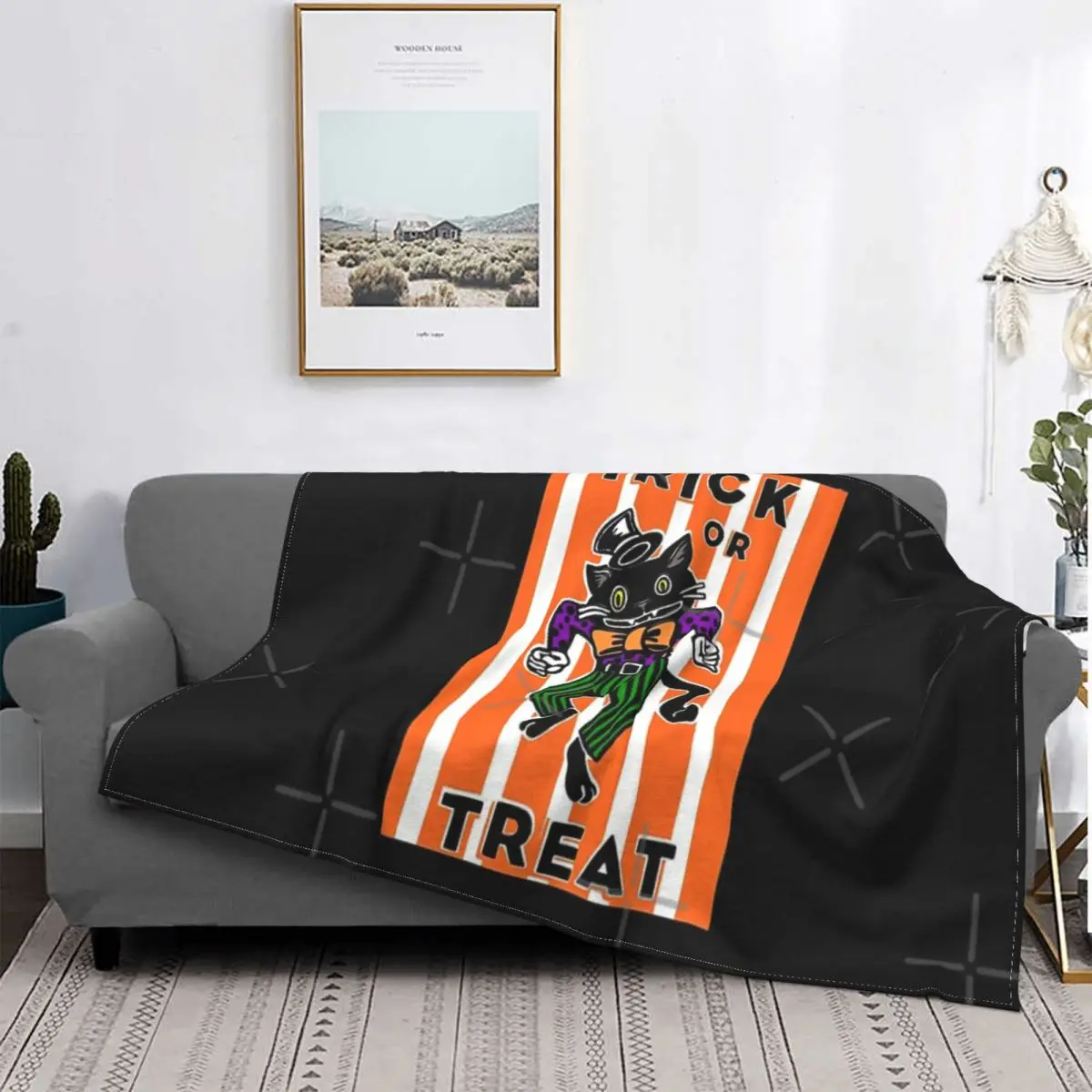 

Trick Or Treat-Manta de gato negro para Halloween, colcha de cama a cuadros, manta de Anime a cuadros, manta de lana, colcha de