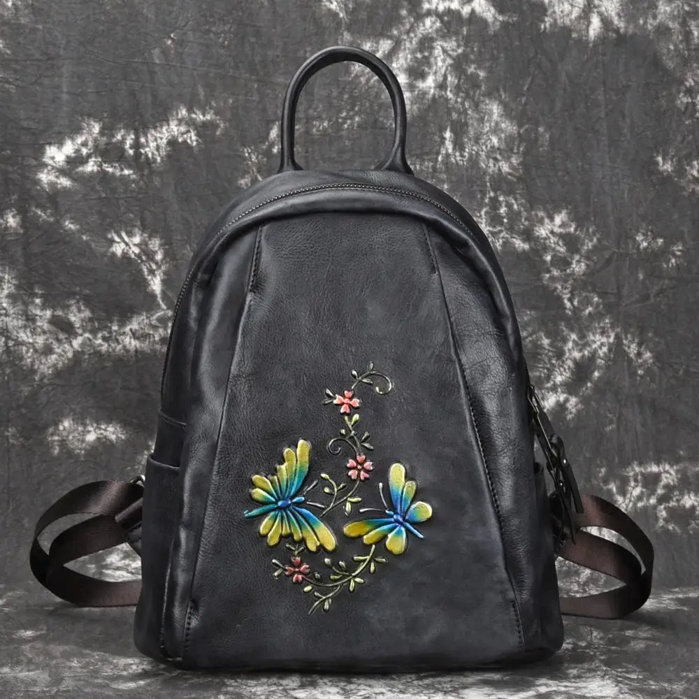 

2021 New Genuine Leather Vintage Embossing Animal Prints Soft Handle Zipper Backpack Women Ladies Travel Solid Bag