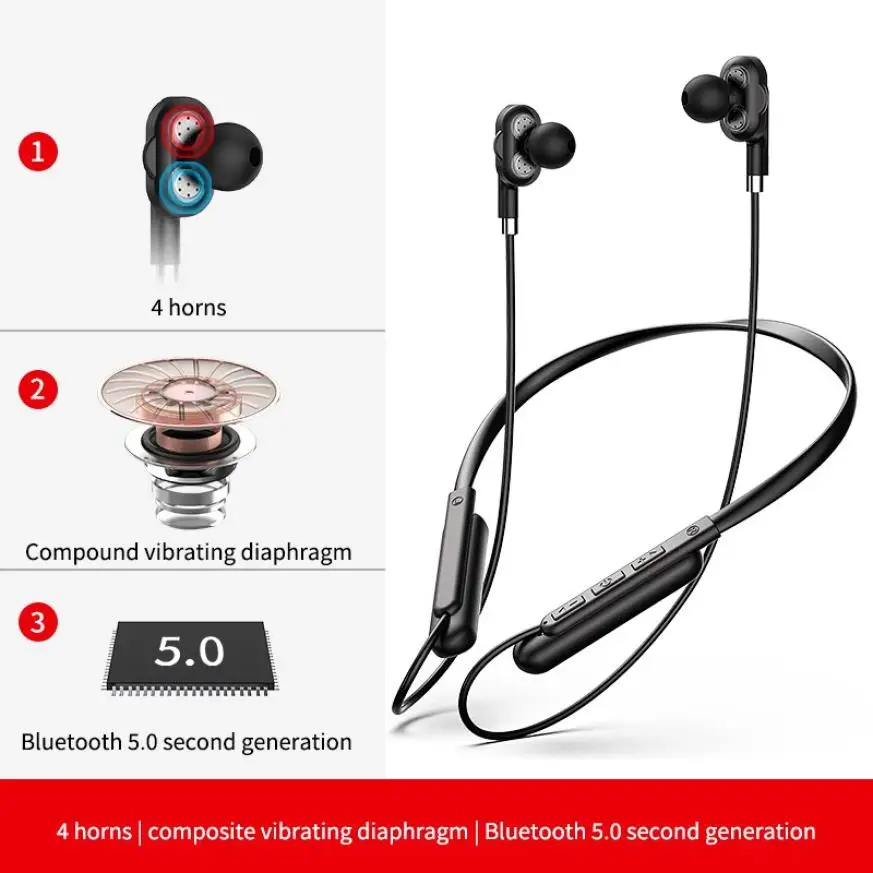 

Wireless Headphone Four-speaker Subwoofer Dual-motion Ring Bluetooth 5.0 Hanging Neck Hanging Wireless Headset Sports Card Music