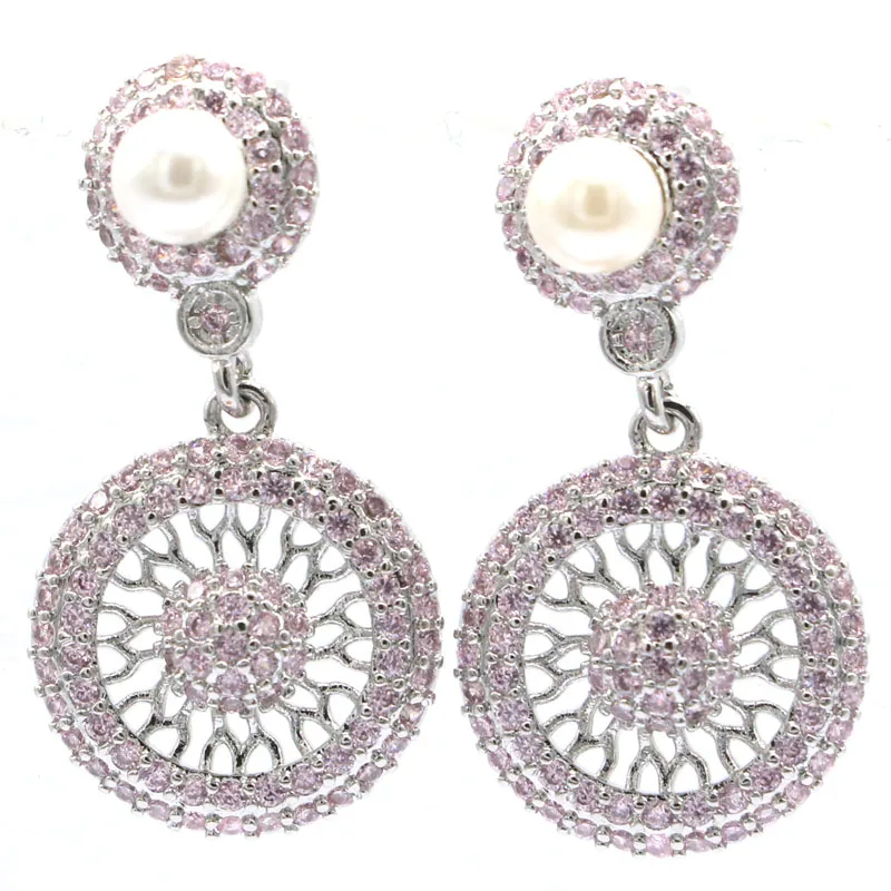 

39x16mm SheCrown New Designed Pink Kunzite White Pearl Gift For Girls Silver Stud Earrings Drop Shipping