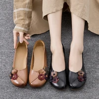 three flower retro black flats for women genuine leather flat shoes vintage woman flats loafers 2021 summer women slip on shoes