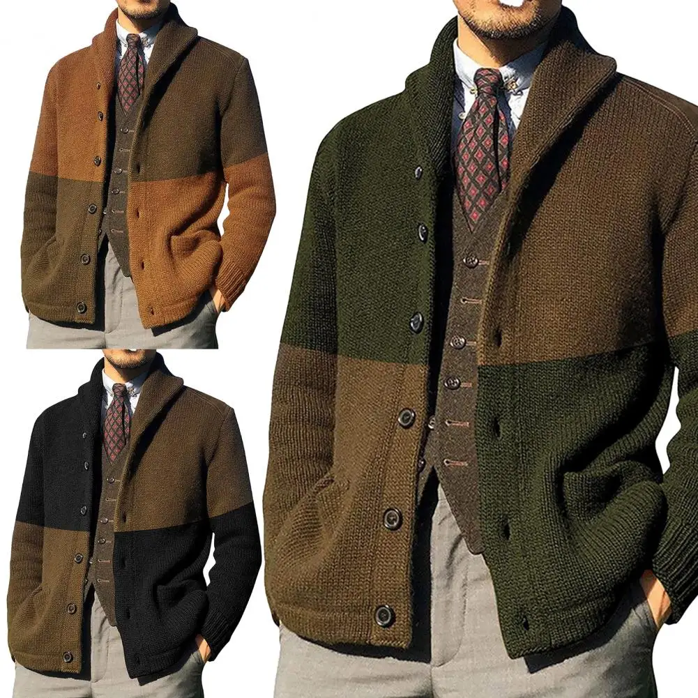 

Autumn Winter Temperament Handsome Lapel Cardigan Sweater Male Men Sweater Coat Contrast Color for Dating