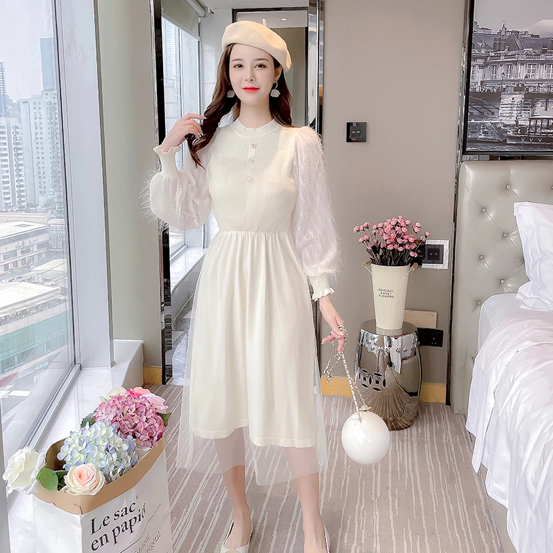 

COIGARSAM Vintage Patchwork Women Long dress New Winter Full Sleeve Solid O-Neck High Waist Dresses Black Apricot 8813