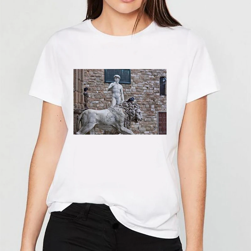 

Women Vintage Style Fashion Dawei sculpture Print Funny Summer T shirt Women Vogue Princess Short T Shirt