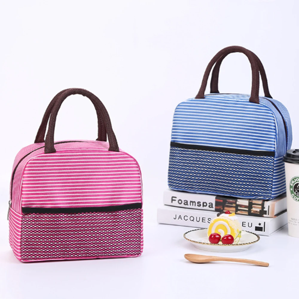 

Portable Stripe Lunch Bag Student With Lunch Box Bag Insulated Lunch Bag Thick Aluminum Film Lunch Bag