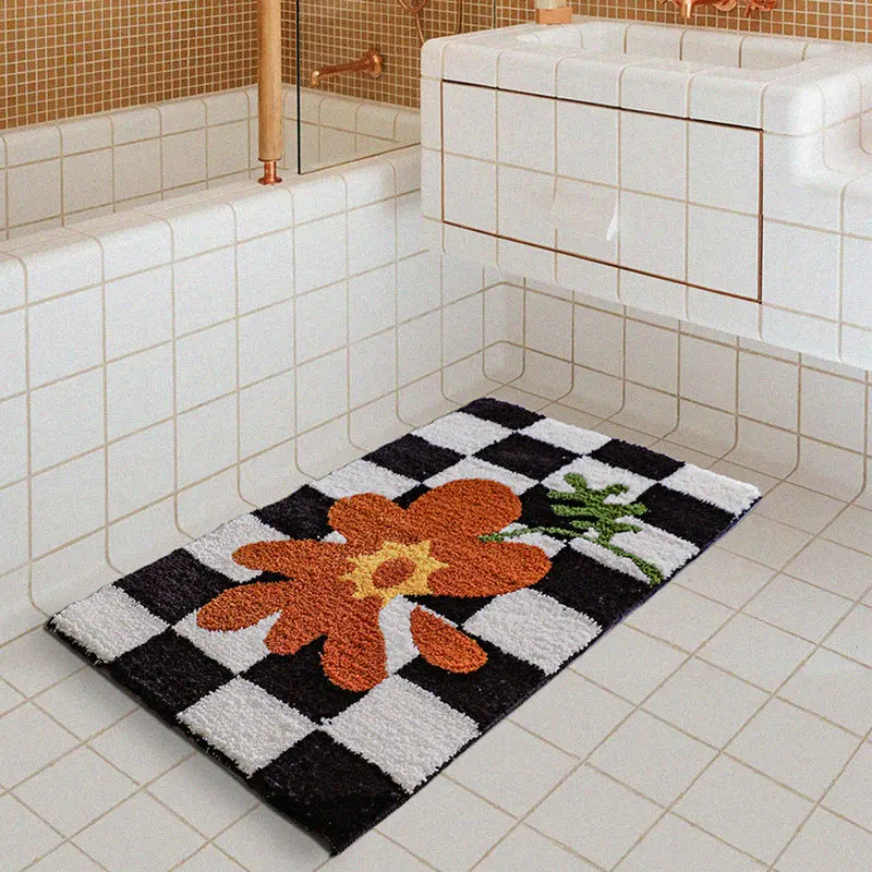 

Retro Chessboard Plaid Tufted Doormat Bath Mats Soft Fluffy Rug Anti Slip Absorbent Bathroom Floor Mat Toilet Door Carpet