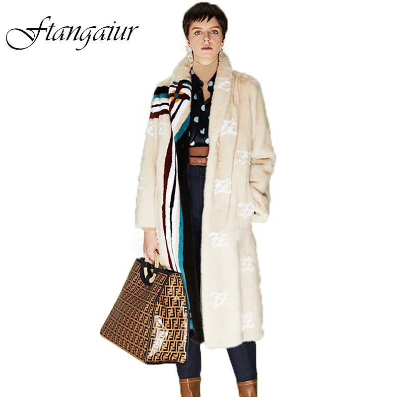 

Ftangaiur New Winter Import Velvet Mink Fur Coat Contrast Color Turn-Down Collar Mink Coat Women X-Long Real Mink Fur Coats