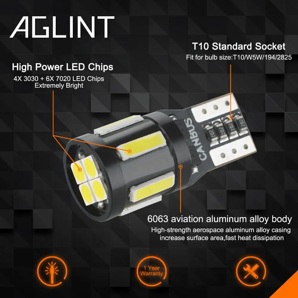 AGLINT 2 шт. T10 5W5 194 Светодиодный лампочки CANBUS 7020 + 3030 светодиодный 10 чипы авто