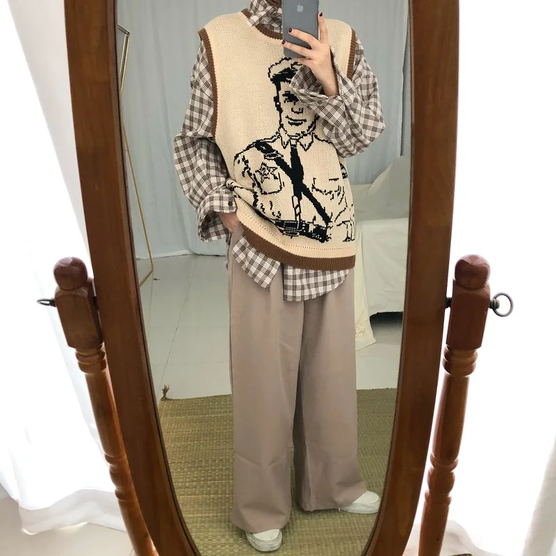 Vintage Cartoon Printed Knitted Sweater Vest Casual Sleeveless Loose Pullover Tank Tops Female Oversized Pullovers Femme