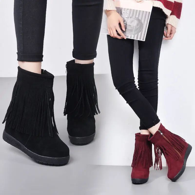 

20 autumn/winter matte leather inside increased thick bottoms tubular short-barrel cotton slope heel high-heeled women's boots.