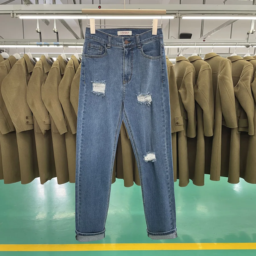 

Новинка весна-лето 2021, корейские тянущиеся женские супер тонкие прямые джинсовые брюки с высокой талией