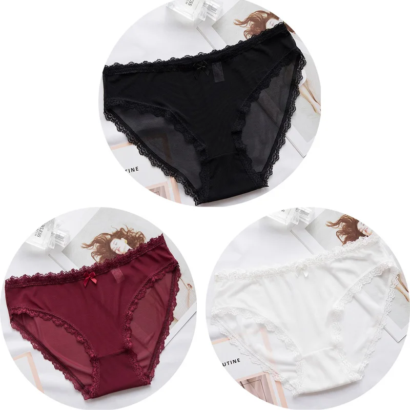 Black White Red 3 шт Сексуальные Кружевные Трусики бесшовное женское нижнее белье трусы нейлоновая сетка для дам тонкое хлопковое прозрачное белье - Цвет: Black White Red