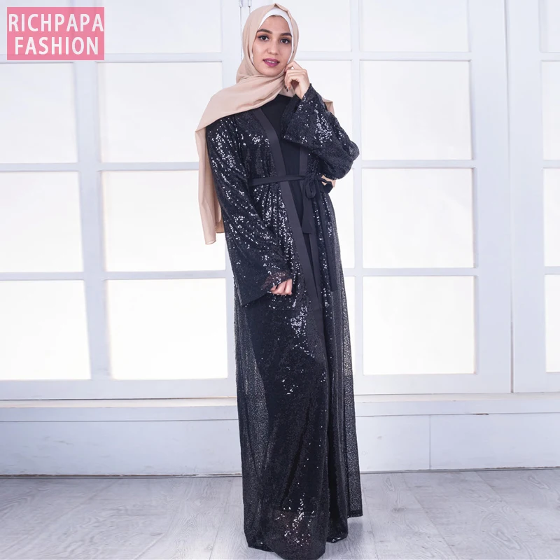 Женское кимоно с черными пайетками абайя Дубай женское кардиган мусульманский