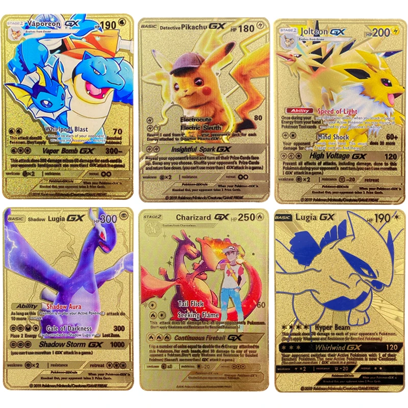 40 Styles New Pokemon V MAX MEGA Gold Metal Card Super Collection Anime Cards Game Toys For Children Christmas Gift Customizable | Игрушки и