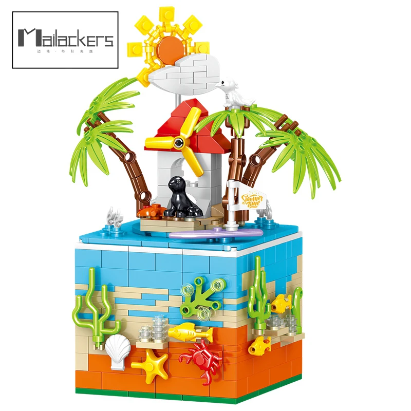 

Mailackers Summer Vacation Themed Rotating Music Box Blocks Constructor Friends Bricks City Toys for Children Toy Gift Model Kit