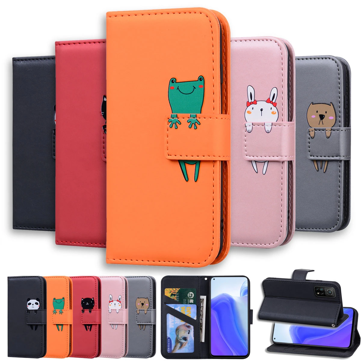 Кожаный чехол книжка с милыми животными для телефона Xiaomi POCO X3 NFC Redmi Note 9 9S 9A 9C 7 8 8T 7A