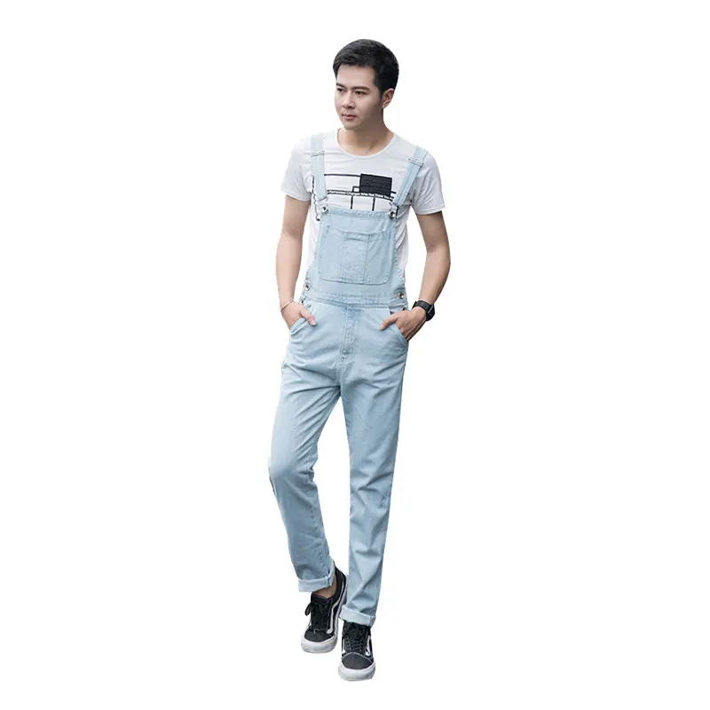 

2021 New Men Overalls Bib Jeans Slim Straight Denim Jumpsuits Fashion Cargo Pants Light Blue Trousers Large Size S - 5XL