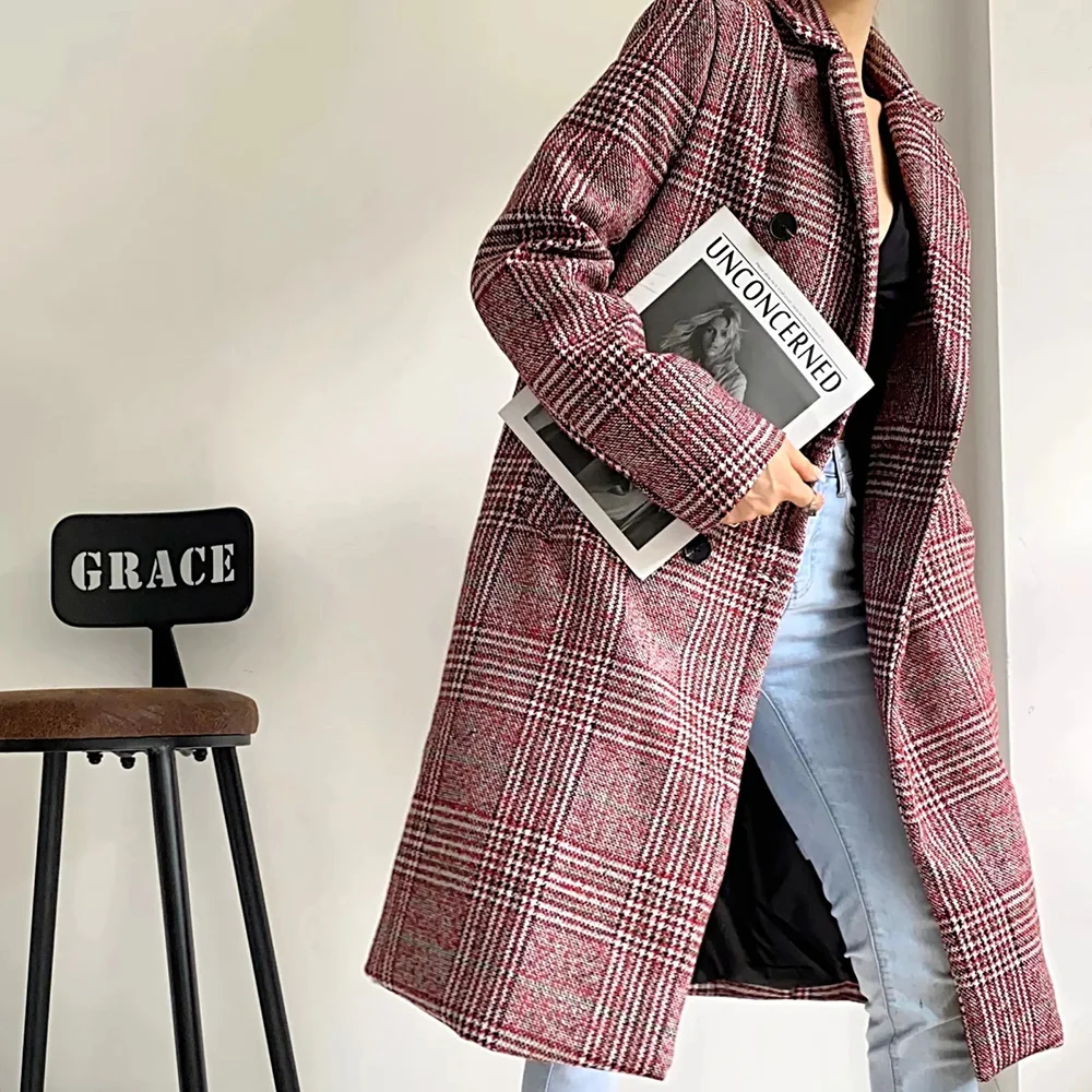

XIKOM 2021 Women Plaid TurnDown Collar Long Sleeve Double Breasted Slim Coat Female Vintage Sweet Style Long Outerwear