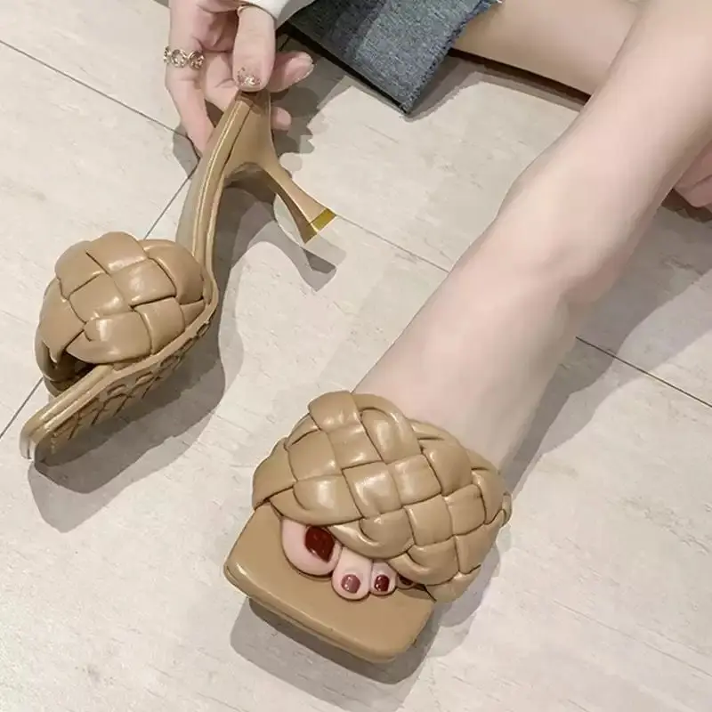 Zar a Woman 2021 Shoes Summer Luxury Slides Women High Heels Mules Pumps Weave Leisure Blue Office Ladies Prom Slippers Women's