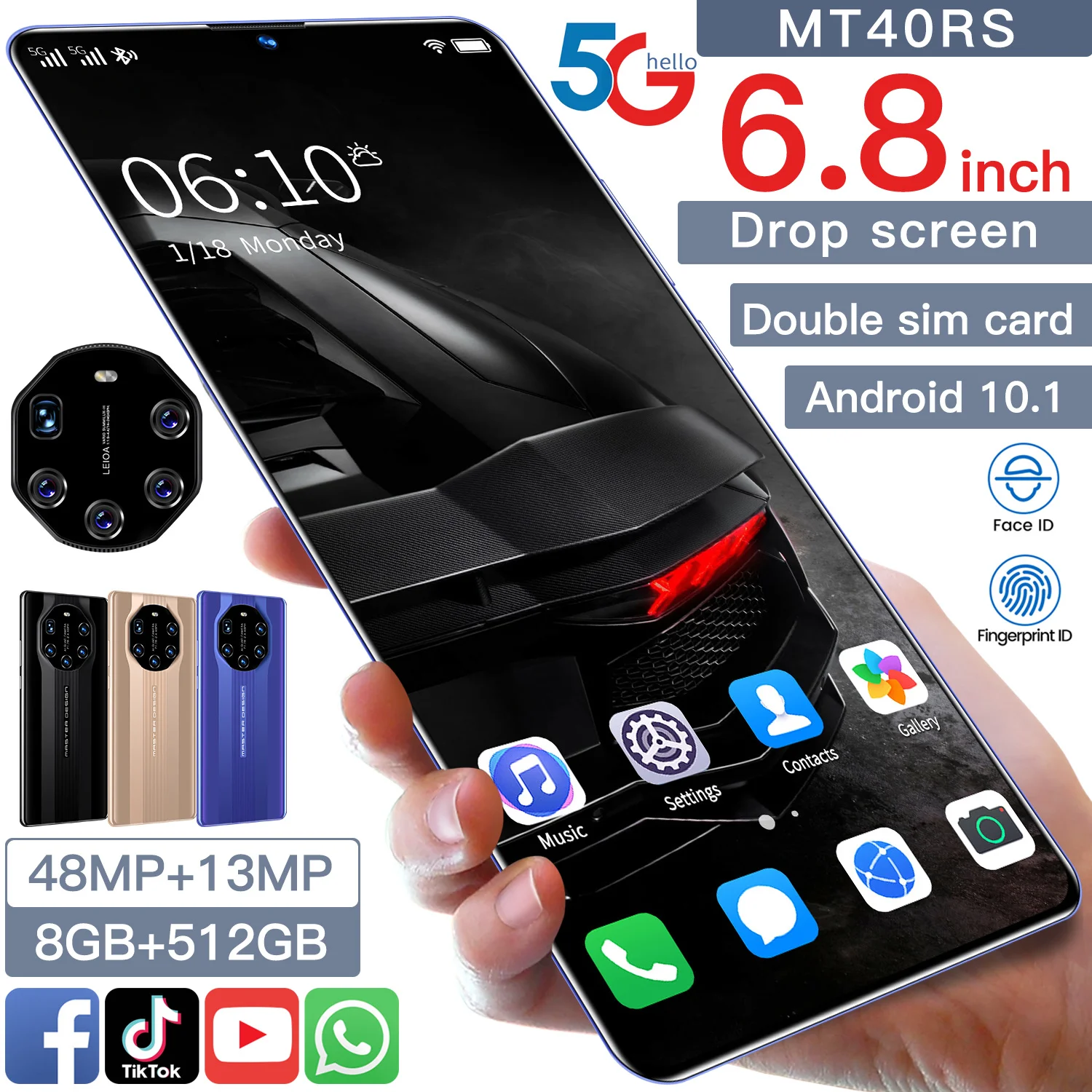 

2021 Smartphone MT40RS Global Version 6.8 Inch 8GB +512GB Andriod 10.1 Face Fingerprint ID Unlock 10 Core Dual SIM Card 5G Phone