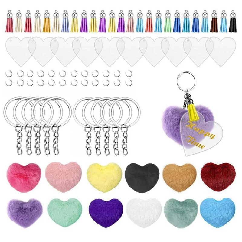 

LUDA Acrylic Keychain Blanks, DIY Pom Poms Keychains Fluffy, 144Pcs Clear Keychains For Vinyl Kit With Keychain Tassels