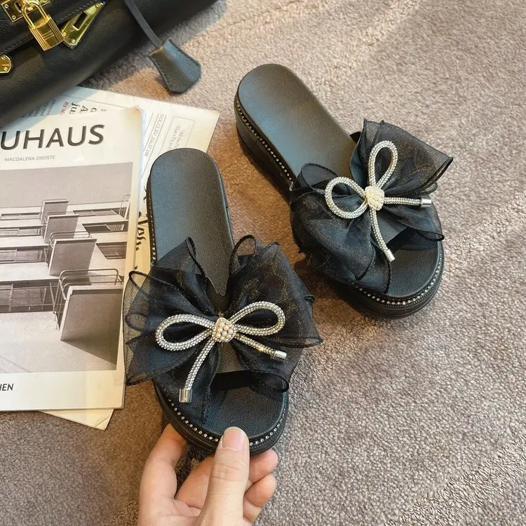 

Women's Summer Outdoor Beach Bowknot Mid Heel Beach Slippers Non-Slip Platform Sandals for Women