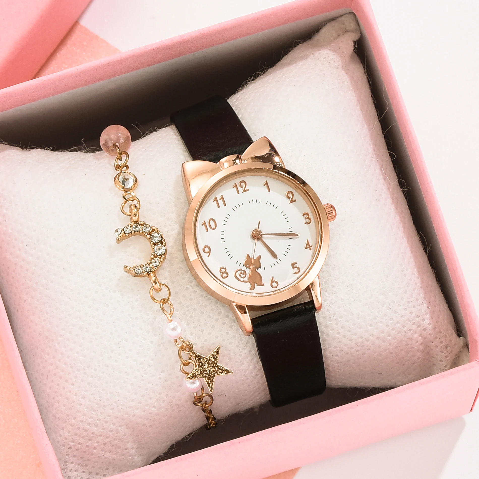 Часы Детские кварцевые розовые наручные часы для студентов с котом кожаным