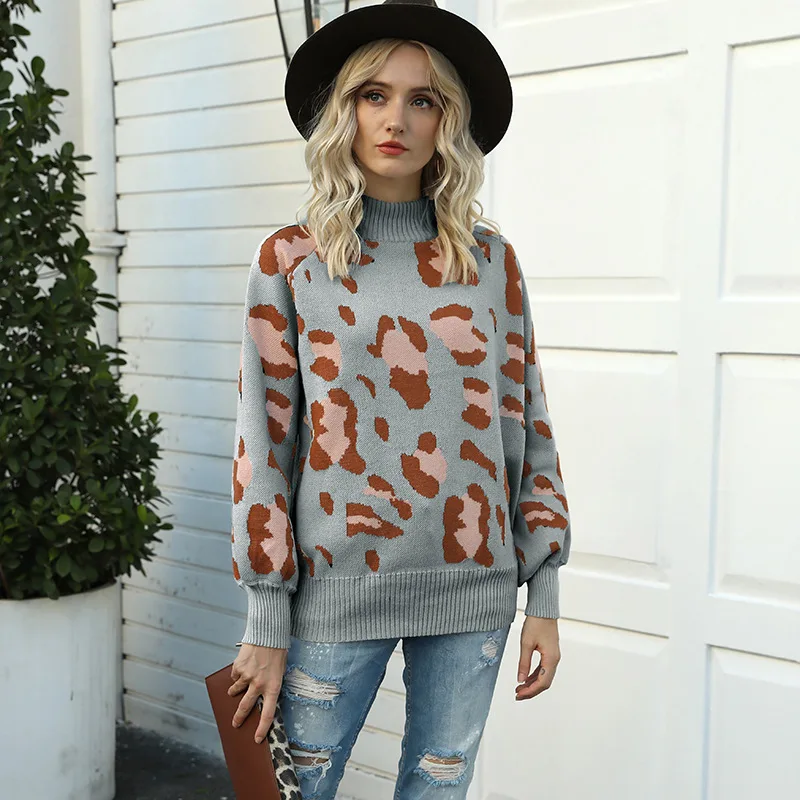 

Women's knitted sweater 2020 autumn and winter new women's sweater high neck lantern sleeve leopard sweater women