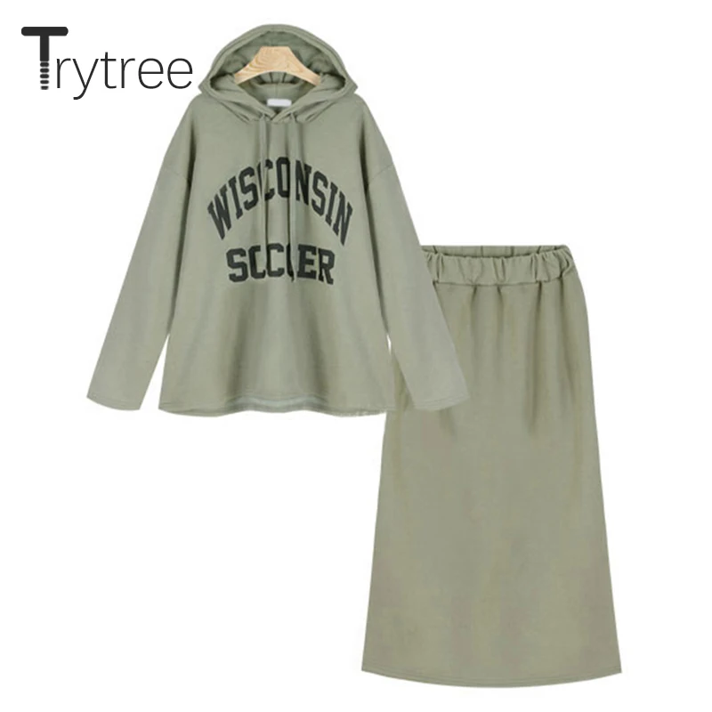 

Trytree/осень-зима 2020, комплект из двух предметов, толстовка с капюшоном и надписью, топ + юбка, однотонный Модный комплект до середины икры, комп...