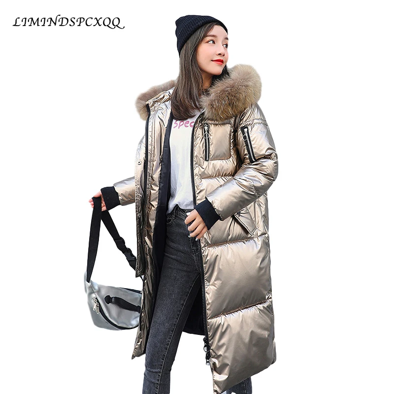 Модные зимние женские длинные глянцевые Большие меховые Серебристые пуховые