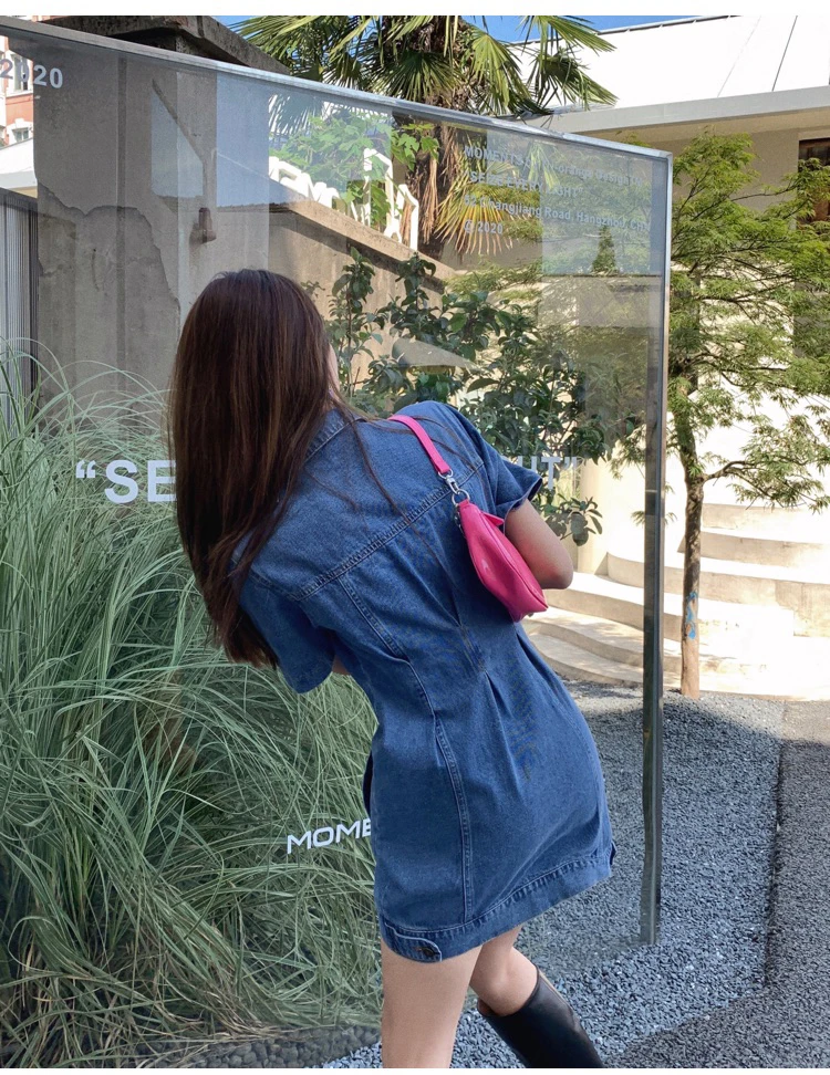 

2021 New Korean Style Women Denim Mini Dress Fashion Short Sleeve Turn-Down Collar Casual Slim Bodycon Dress Female