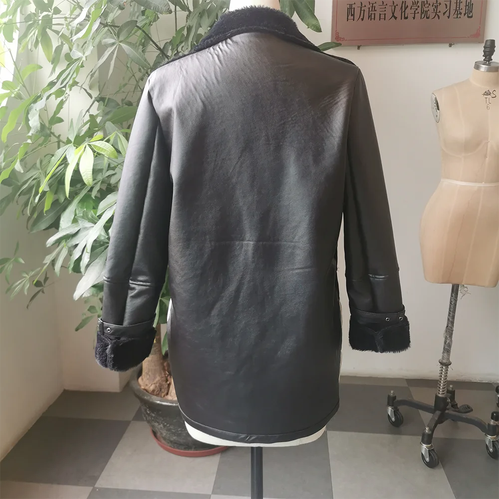 Women Winter Fashion Warm PU Leather Jacket Fake Fur Black Long Coat Office Lady Zipper Western Punk Gothic Outwear Young Girl