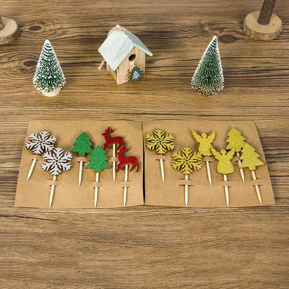 Hot Three-Dimensional Wooden Snowflake Christmas Tree Fruit Toothpick Cake Decoration Paper Inserted Ca | Дом и сад