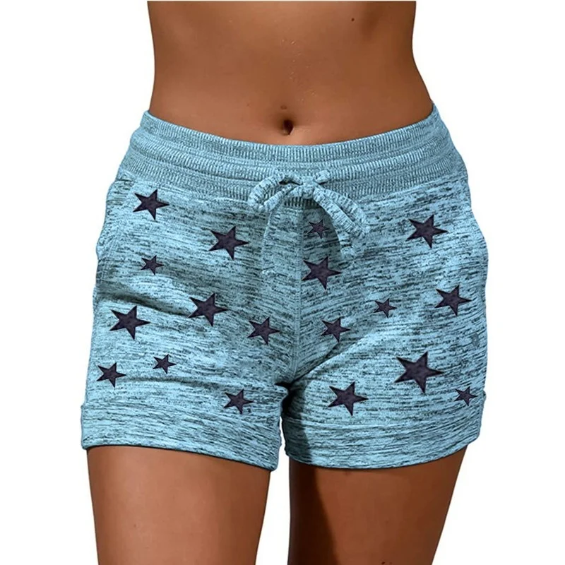 

Women Summer New Casual Stripe Star Pattern Slim Female Short with Pocket 2021 Leisure Sports Mid-waist Elastic Shorts Lace Up