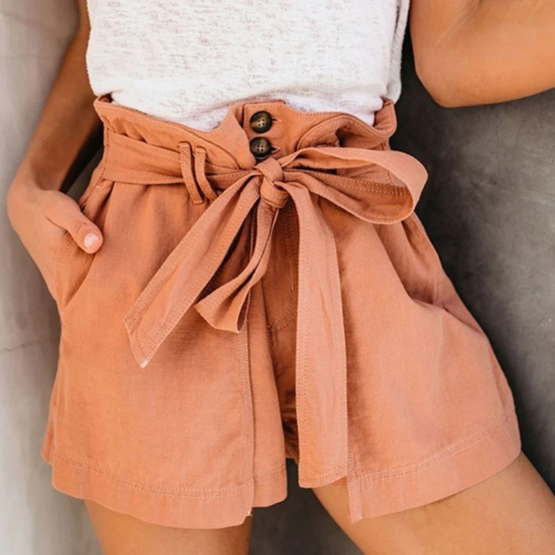 

Summer Cotton Shorts For Women Sexy Fashion Casual Wide Legs High Waist Short Beach Bow Tie Belt Chic Lady Loose Shorts New