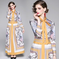 autumn boho print maxi dress women casual long sleeve korean bow fashion high waist yellow floral elegant party dress vestidos