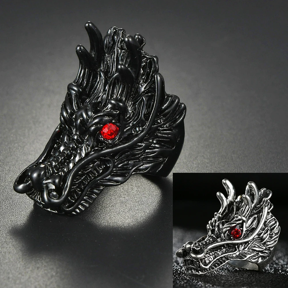 

2 Colors Vintage Gothic Punk Men's Dragon Red Crystal Finger Ring For Women Rock Trendy Rings Fashion Jewelry Gift