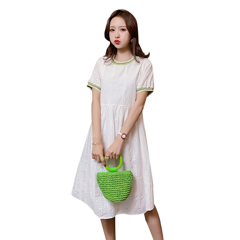 

589# Summer White Embroidery Cotton Materntiy Straight Dress Double Layer Loose Clothes for Pregnant Women Casual Pregnancy