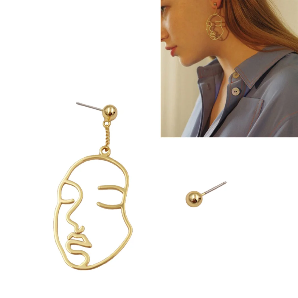 Женские абстрактные асимметричные серьги длинные висячие в форме лица (золотые) |