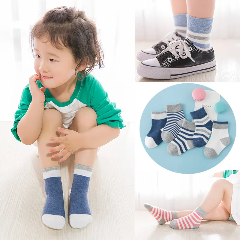 Calcetines deportivos de algod&oacute;n para ni&ntilde;o, ni&ntilde;a y beb&eacute;, calcet&iacute;n a rayas de puntos, a la moda, para Oto&ntilde;o/Invierno, 5 par/lote-3