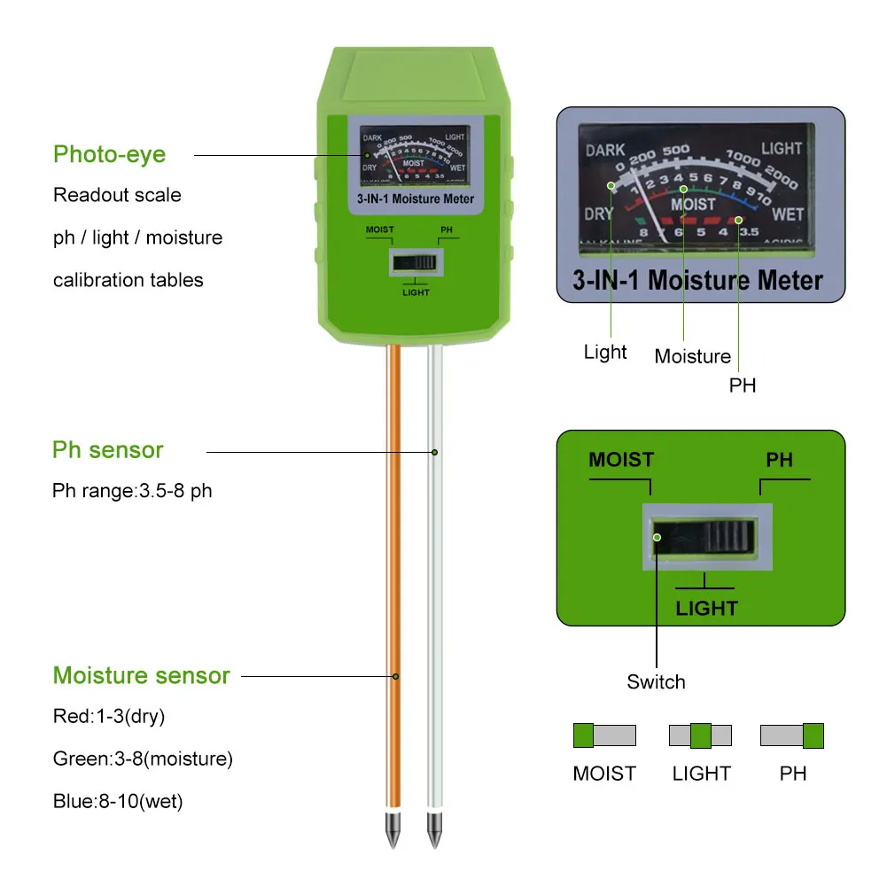 Yieryi Измеритель плодородия почвы тестер измеряет PH влажность почвы температура и влажность солнечного света 5 в 1/4 в 1/3 в 1/2в1