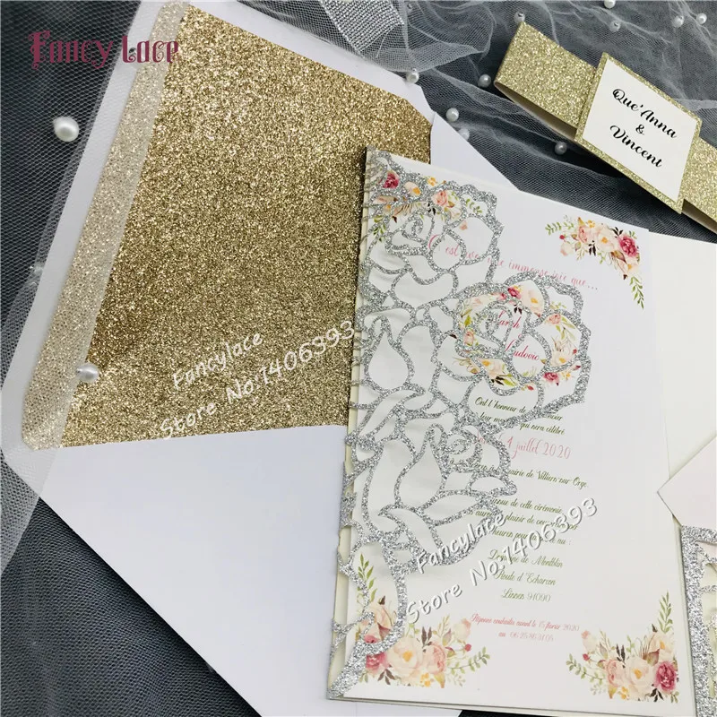 50 шт. новый набор свадебных приглашений с блестками в виде Розы конверты складные