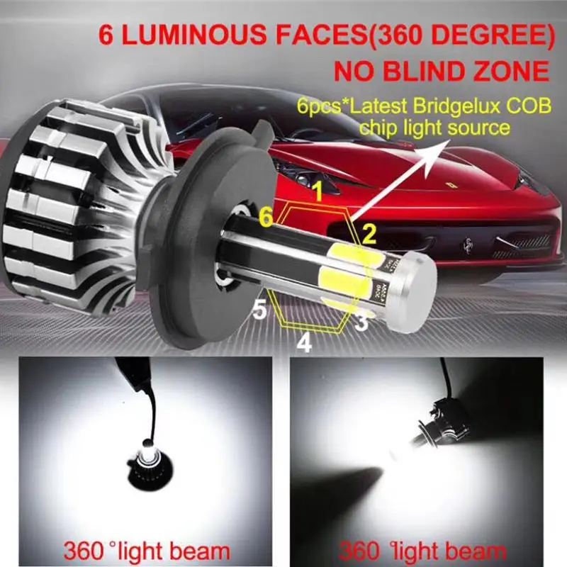 6-sides H7 светодиодные фары лампы H11/H8/H9 COB 3000k 6000k 8000k 6000LM фонари для авто X6S 12В 24В |