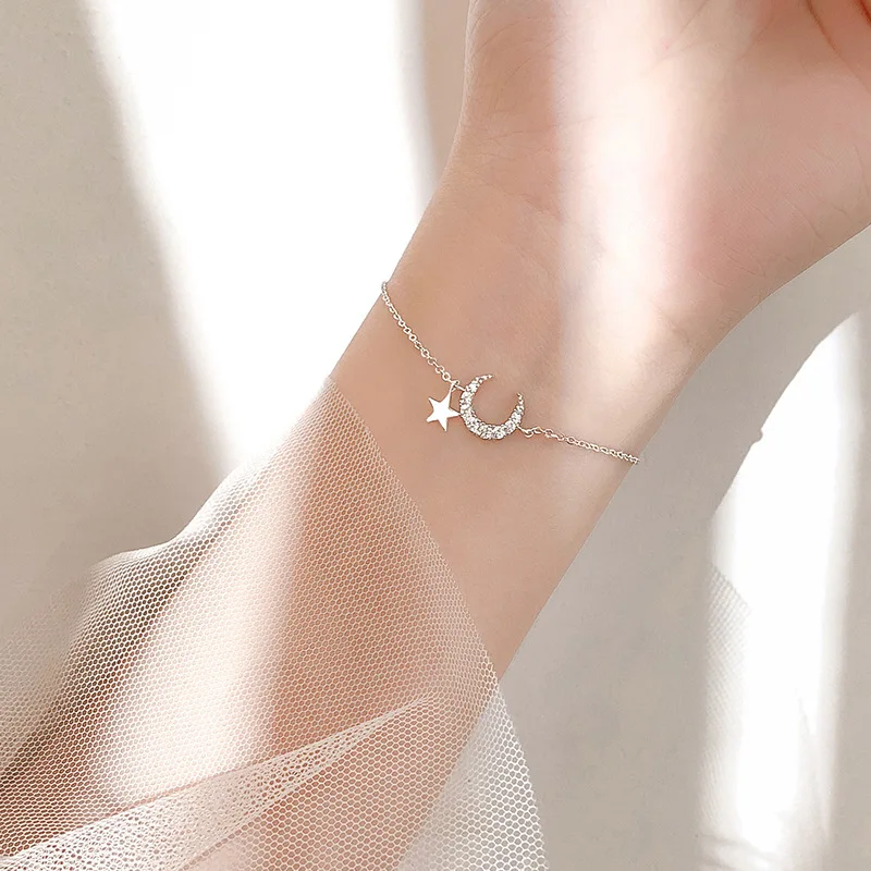Simple Cute Star Moon Pendant Bracelets Trendy Luxury Shiny Zircon Charm Adjustable Chain Bracelet For Women Jewelry Lovers Gift