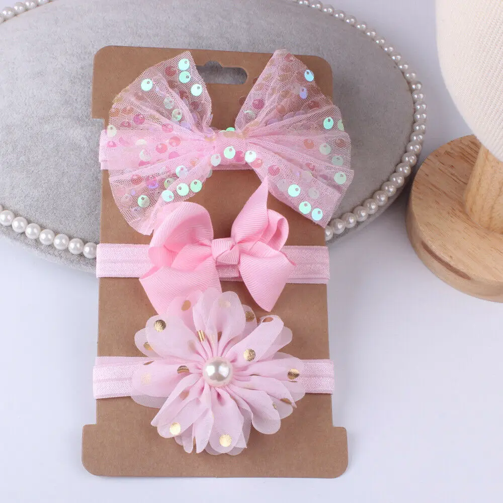 3Pcs/Set Kids Cute Glitter Sequins Big Bow Flower Headbands Baby Girl Toddler Hair Band Headwear White Beige Gray Pink Orange | Аксессуары