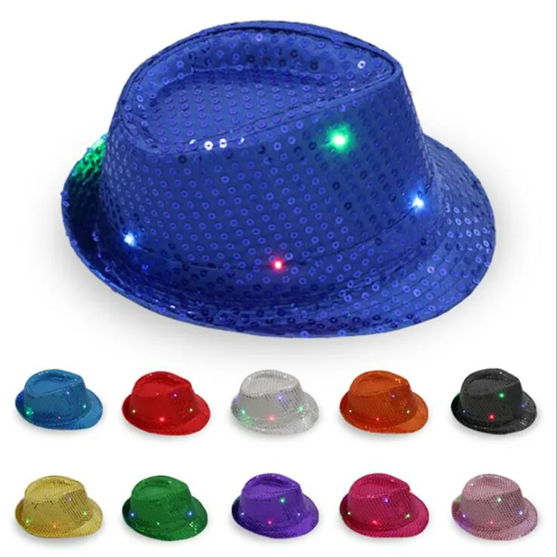 

New Colorful LED Flashing Hat Fedora Hat Cap Dance Performance Lighted Sequins Jazz Hats Party Hats Wedding Decoration