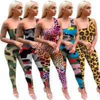 female sexy camouflage leopard print jumpsuit one shoulder sleeveless overalls mujer summer women skinny hollow out ropers 2021