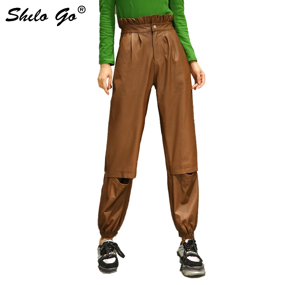 

Ruffles High Waist Harem Pants Women Winter Elastic Waist Genuine Leather Pants Slit Knee Detail Solid Sheepskin Trousers Female
